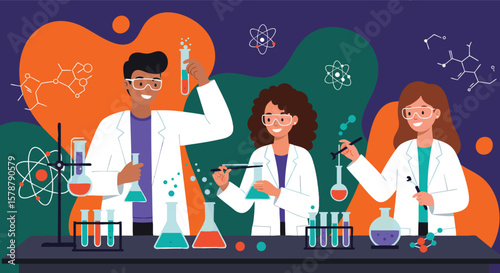 Scientists conducting chemistry experiments in laboratory