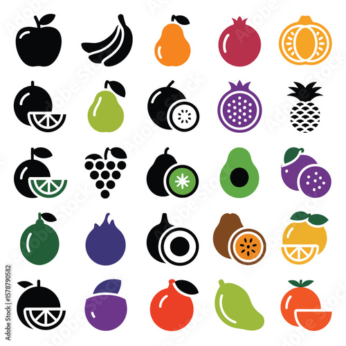 Colorful Flat Icon Set of Diverse Fruits Including Apples Bananas Pears Pomegranates Oranges Grapefruit Limes Kiwi Passion Fruit Avocado Figs Mangoes and More