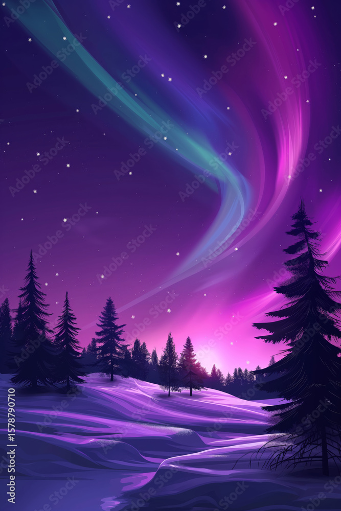Naklejka premium Aurora borealis light show on winter night. Stunning northern light above snowy field with fir tree forest. Magic winter sky for holiday card.
