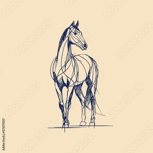 Artistic line art sketch of a standing horse in profile view, perfect for equestrian themes, animal art, logo design, or creative decoration