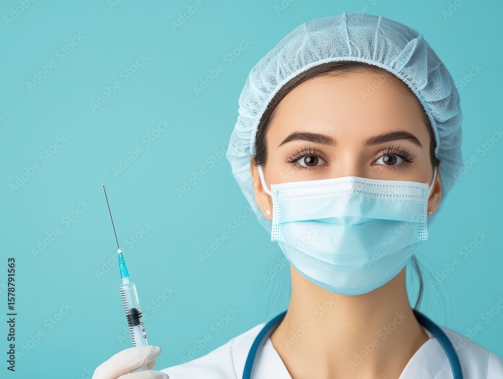 Medical Professional Holding Syringe with Blue Background for Healthcare and Vaccination Concept Medical Professional Holding Syringe with Blue Background for Healthcare and Vaccination Concept