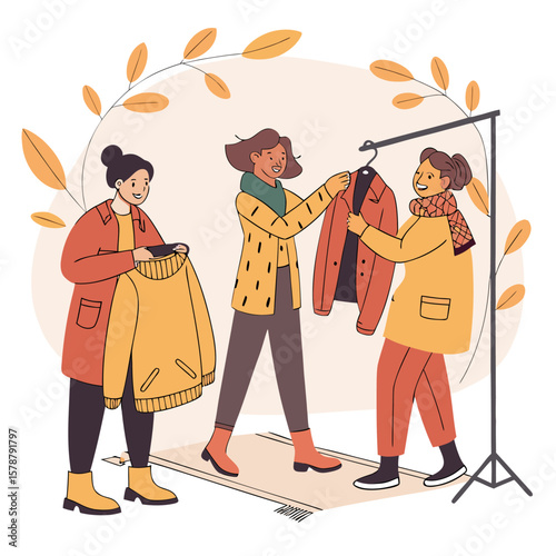Three women browsing clothes on a rack with autumn leaves in the background in a shopping scene view