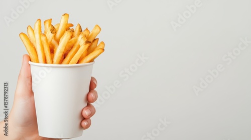 Hand Holding a Cup Filled with Crispy Golden French Fries on a Neutral Background