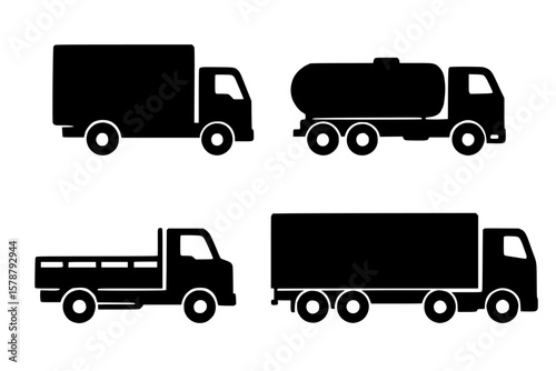 Silhouettes of Various Trucks in Black on White Background