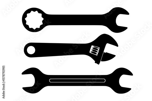 Silhouettes of Wrenches in Black Color Isolated on White Background