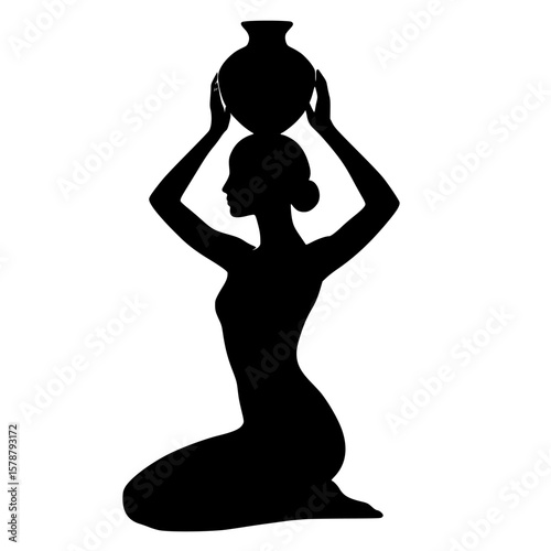 Silhouette of a woman kneeling with a pot on her head