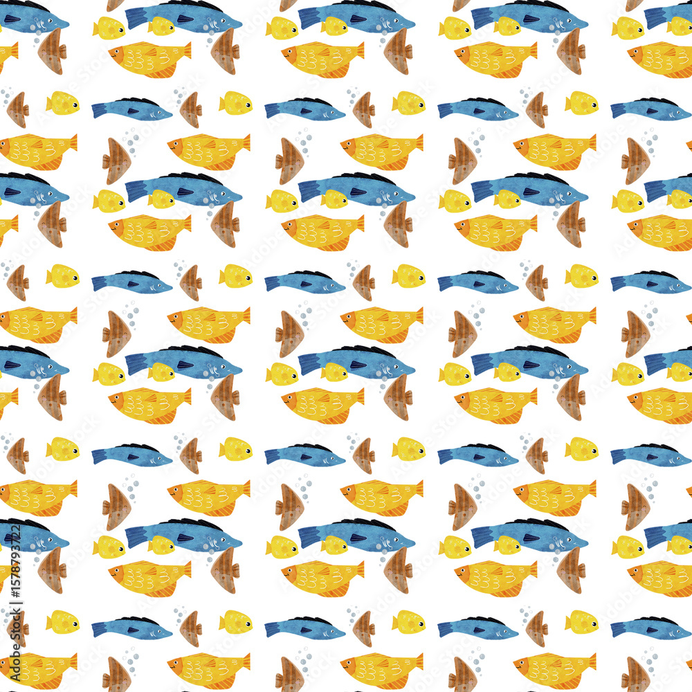Fototapeta premium Seamless pattern with blue, yellow, and orange fish along with stingrays and bubbles in soft watercolor style on a white background. Perfect for kids' textiles, wallpapers, wrapping paper