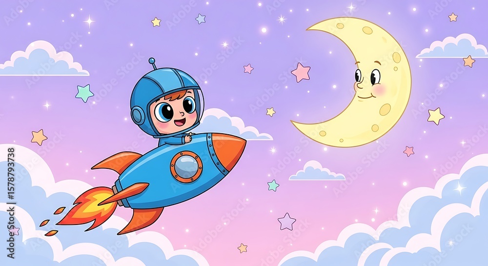 Fototapeta premium A young boy astronaut wearing a helmet is flying a blue rocket towards a smiling crescent moon amidst stars and clouds.