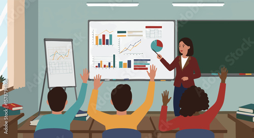 Teacher presenting data charts in classroom with engaged students