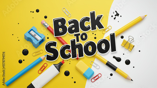 Back To School 3D Render Illustration with School Supplies on Yellow and White Background