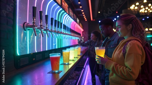 A couple orders colorful drinks from a modern bar with a vibrant, illuminated beer tap system