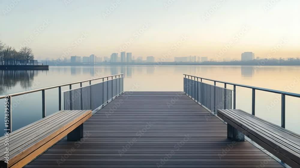 Tranquil Lakeside Wooden Pier With Benches Overlooking Misty Morning Water Landscape Tranquil Lakeside Wooden Pier With Benches Overlooking Misty Morning Water Landscape