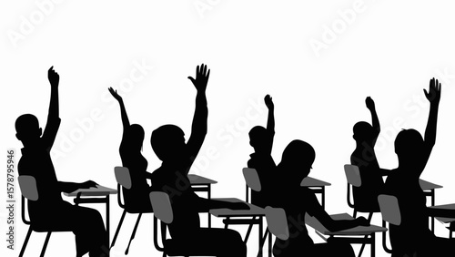 Silhouette of students raising hands in a classroom setting with desks and chairs in black and white
