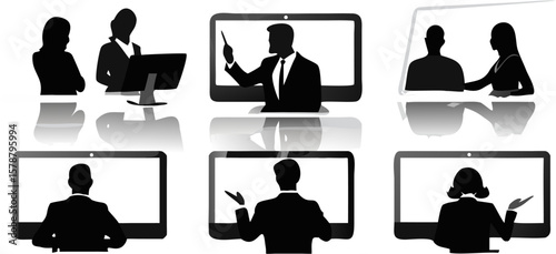 Silhouettes of people in video conference calls and online meetings on computer screens in black and white