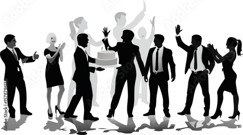 Silhouette of business people celebrating with a cake and applause, with some faded background figures