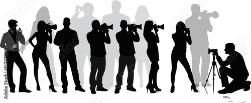 Silhouette group of people taking pictures with cameras and using megaphones in black and white