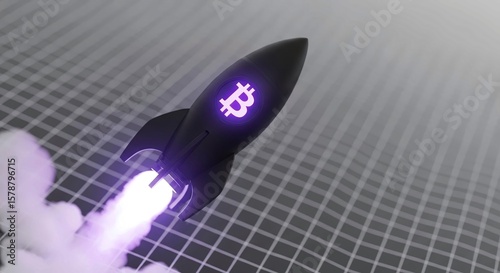 Bitcoin Rocket Launch with Glowing Flame on Abstract Grid Background