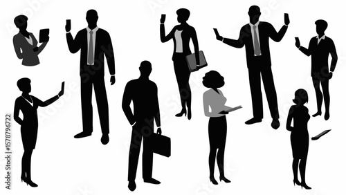 Silhouette illustration of diverse business professionals in various poses and interactions on white