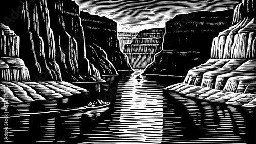 Lake Powell, a reservoir with desert cliffs and winding canyons in the southwestern USA, depicted in dramatic black and white line art illustration for outdoor exploration and adventure theme