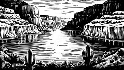 Lake Powell, a reservoir with desert cliffs and winding canyons in the southwestern USA, depicted in dramatic black and white line art illustration for outdoor exploration and adventure theme