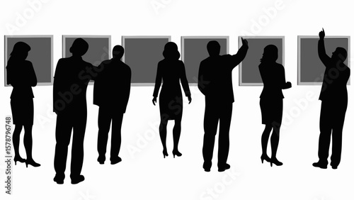 Silhouetted figures viewing framed artwork in a gallery setting with neutral background and formal attire