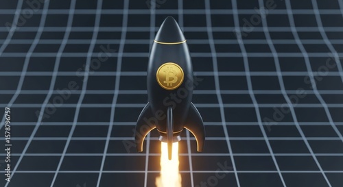 Bitcoin Rocket Launch with Glowing Flame on Abstract Grid Background