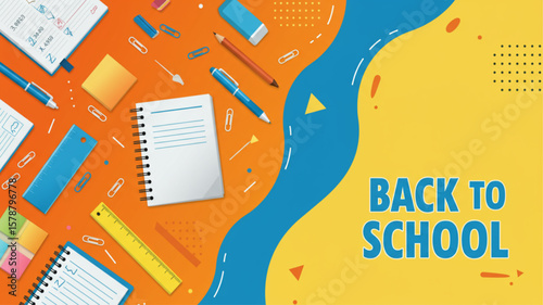 Back to School Supplies Flat Lay Illustration on Orange Background