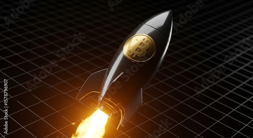 Bitcoin Rocket Launch with Glowing Flame on Abstract Grid Background