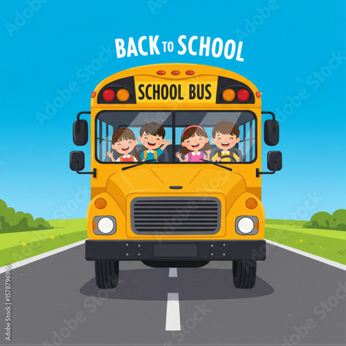 Happy Children Waving From Yellow School Bus On Road Back To School