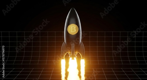 Bitcoin Rocket Launch with Glowing Flame on Abstract Grid Background