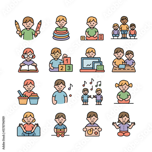Colorful vector illustrations of children engaged in various activities including drawing coloring playing with blocks reading using computers singing and playing with toys