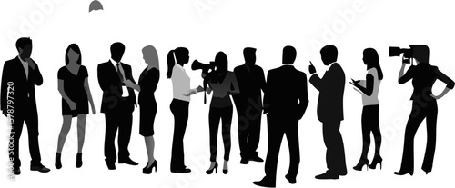 Silhouette of a group of people including business people and media professionals in black and white