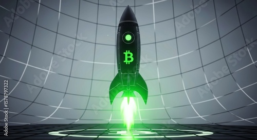 Bitcoin Rocket Launch with Glowing Flame on Abstract Grid Background