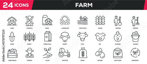 Set of collection line icons related farm, agriculture, barn. Editable stroke. Perfect pixel on transparent background
