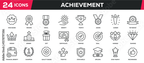 Set of collection line icons related achievement, reward, award. Editable stroke. Perfect pixel on transparent background