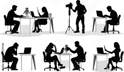 Silhouettes of people working at desks with laptops and a cameraman filming in a bright office space