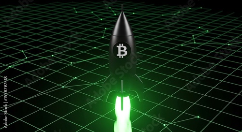 Bitcoin Rocket Launch with Glowing Flame on Abstract Grid Background