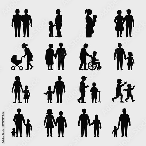 Fifteen Black Silhouettes Depicting Diverse Family Groups Including Parents Children Infants Grandparents and Individuals with Disabilities