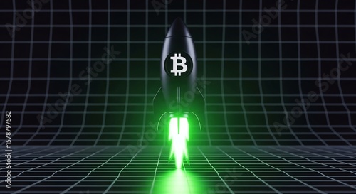 Bitcoin Rocket Launch with Glowing Flame on Abstract Grid Background