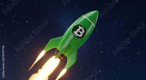 Bitcoin Rocket Launch with Glowing Flame on Abstract Grid Background