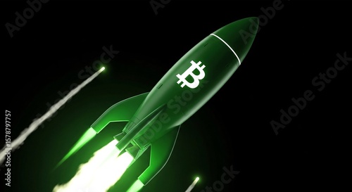 Bitcoin Rocket Launch with Glowing Flame on Abstract Grid Background