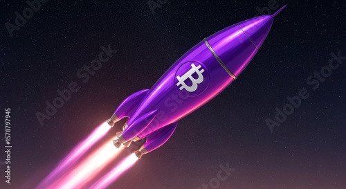 Bitcoin Rocket Launch with Glowing Flame on Abstract Grid Background