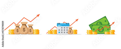 Financial Growth Concept with Money Bags, Coins, and Arrow Graph Illustration