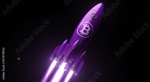 Bitcoin Rocket Launch with Glowing Flame on Abstract Grid Background