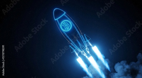 Bitcoin Rocket Launch with Glowing Flame on Abstract Grid Background