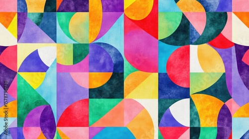 The stock photo shows a seamless texture composed of vibrant, interlocking geometric shapes in various colors.