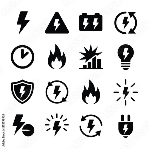 Sixteen Black Electricity Power Energy Icons Set Symbols Collection Flash Lightning Bolt Battery Flame Fire Plug Shield Clock Graph Chart Recycle Renewable Alternative Sources