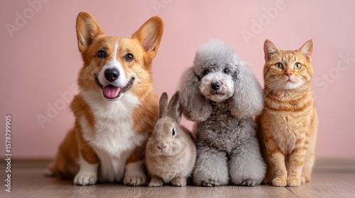 A corgi, rabbit, poodle, and tabby cat sit together on a wooden floor against a pink background, showcasing a charming display of pet diversity and companionship.