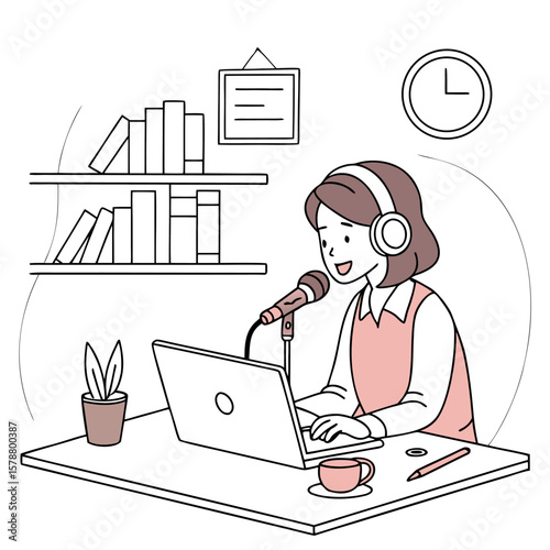 Illustration of a woman with headphones podcasting at her desk with a laptop and microphone setup at home