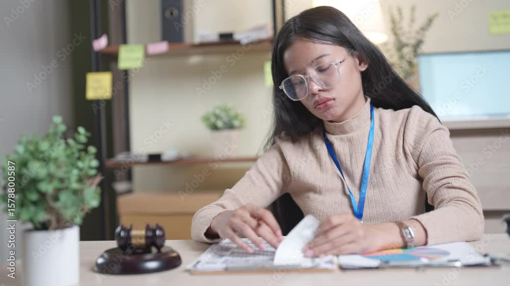 A woman is sitting at a desk with a stack of papers in front of her. She is wearing glasses and a blue lanyard